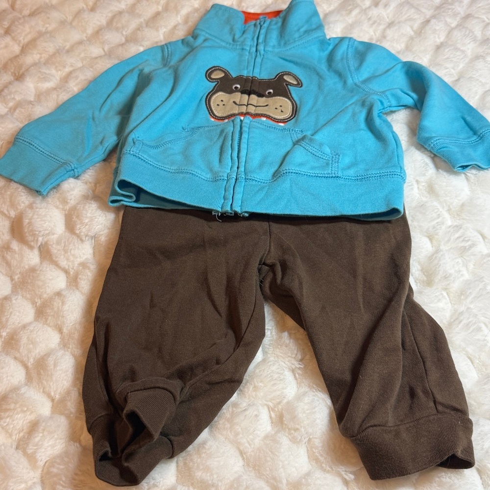 Blue Animal Hoodie and Brown Pants Set